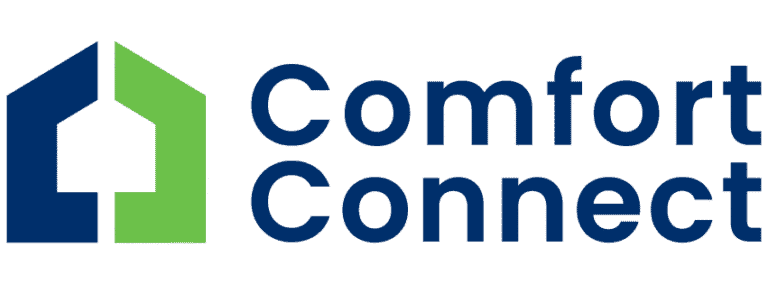 Logo with a blue and green house icon on the left and the words “Comfort Connect” in blue text on the right.