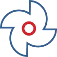 A stylized blue and white four-blade fan icon with a red circle in the center on a light gray background.