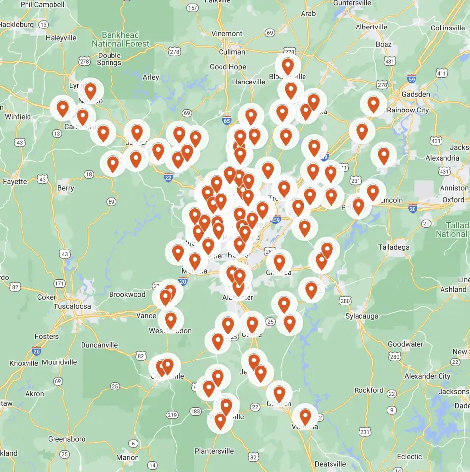 A map showing over 80 location markers clustered around Birmingham, Alabama, with additional markers spreading outward into surrounding towns and regions.