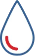 A simple outline of a water droplet with a blue border and a short red curved line inside the lower left part of the droplet.